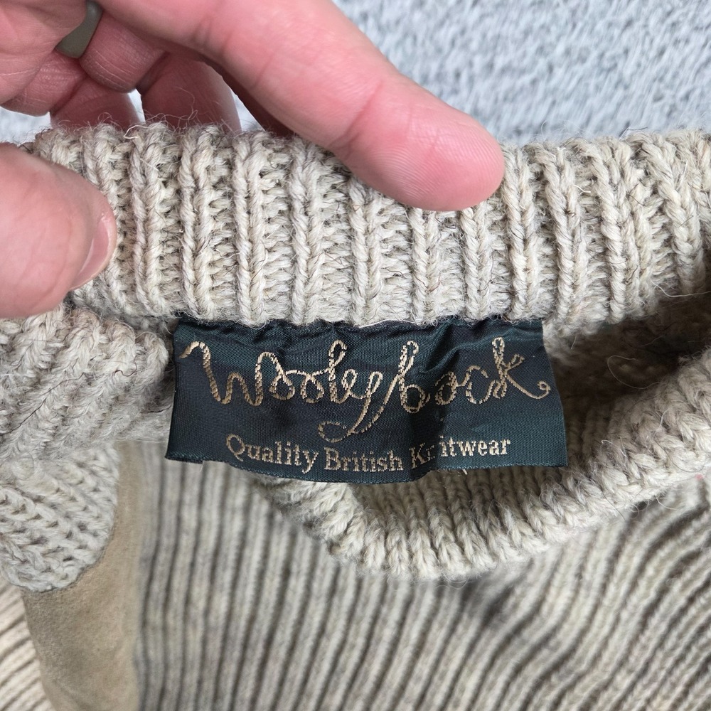 Woolyback British Knitwear Mens Large Pure Wool England Made Suede Patches Beige - Picture 5 of 8